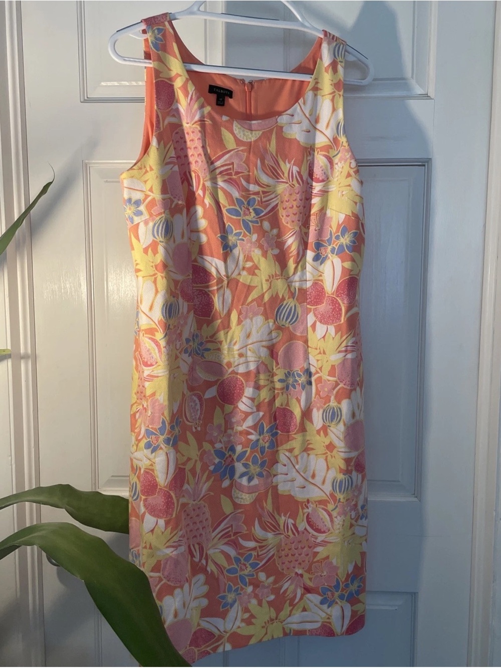 Talbots Coral Floral Sleeveless Sheath Dress with Yellow & Blue Accents